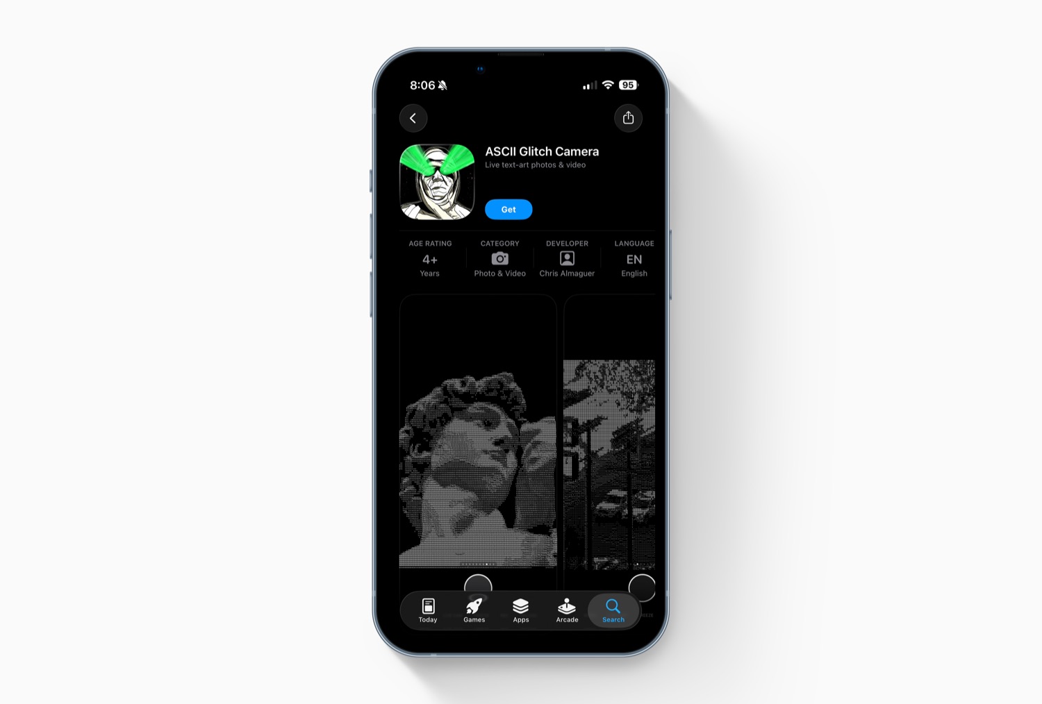 The ASCII Glitch Camera App Store page on a phone: Michelangelo's David rendered as ASCII art in the icon and screenshots, on a dark product page.