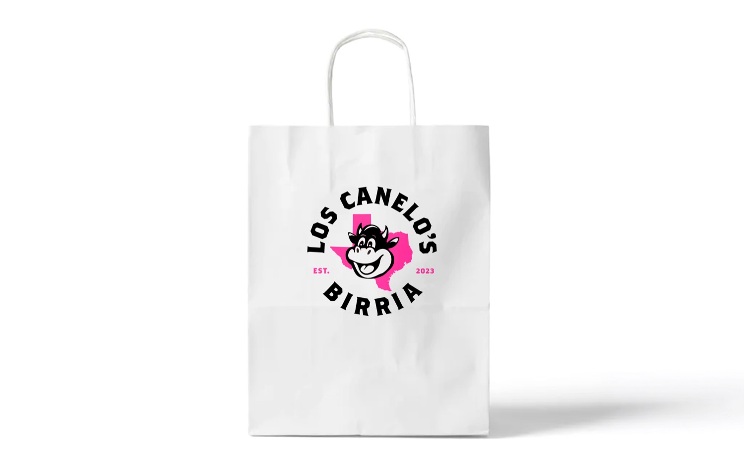 A Los Canelo's Birria takeout bag, the circular mark printed in black and pink on white paper.