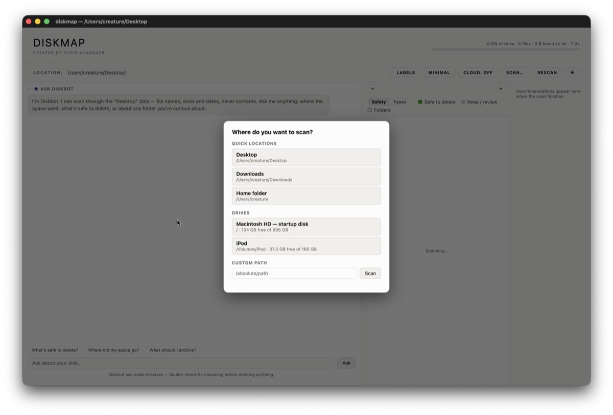 The DiskMap app with its scan-location dialog open, beside the Diskbot panel offering to analyse file names, sizes and dates but never file contents.