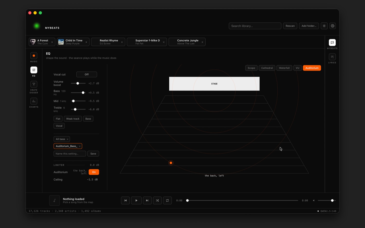 The MyBEATS EQ view in dark mode - a spatial audio stage with a positionable source, EQ and volume sliders, and a queue of tagged tracks along the top.