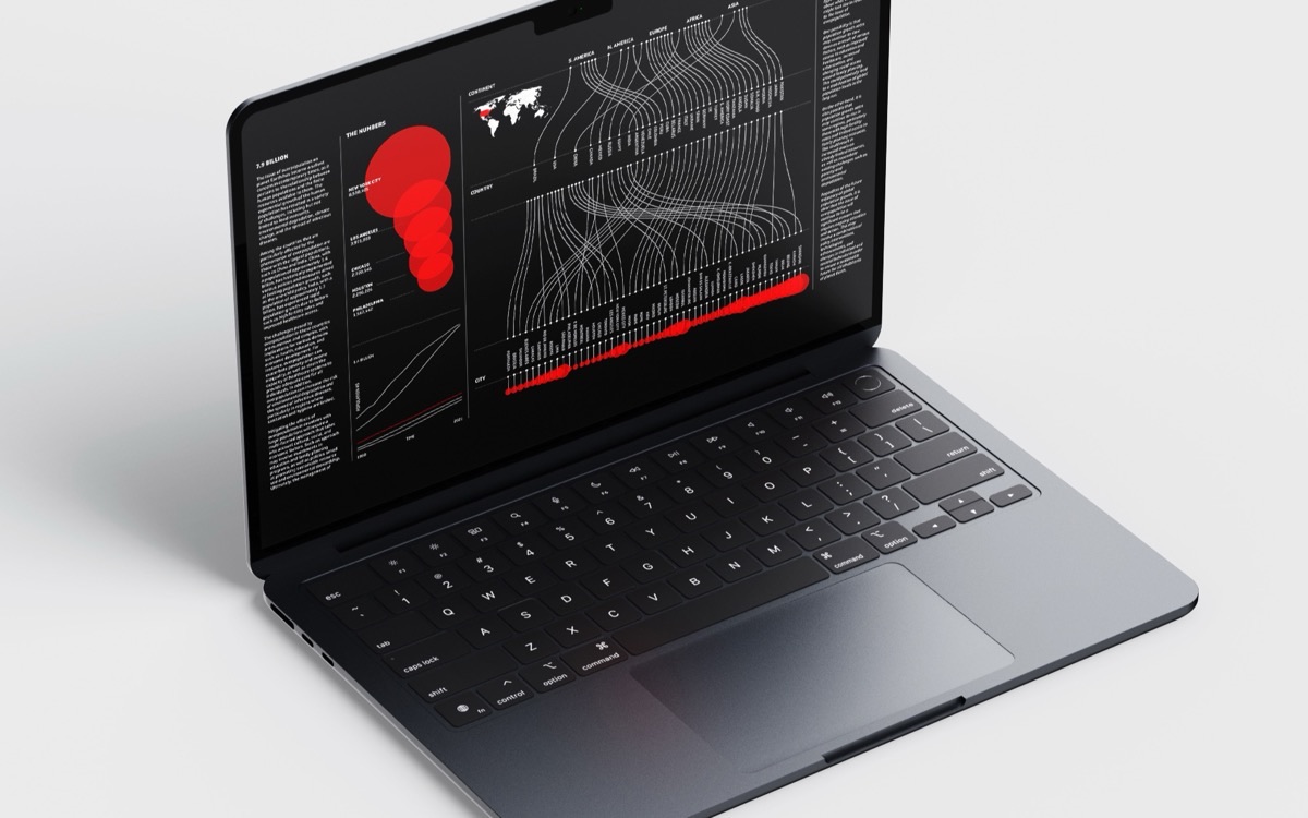 The 7.9 billion broadsheet shown on a laptop - an alluvial diagram tying five continents through thirty-three countries to fifty cities, each city's population drawn as a red circle along the bottom axis.