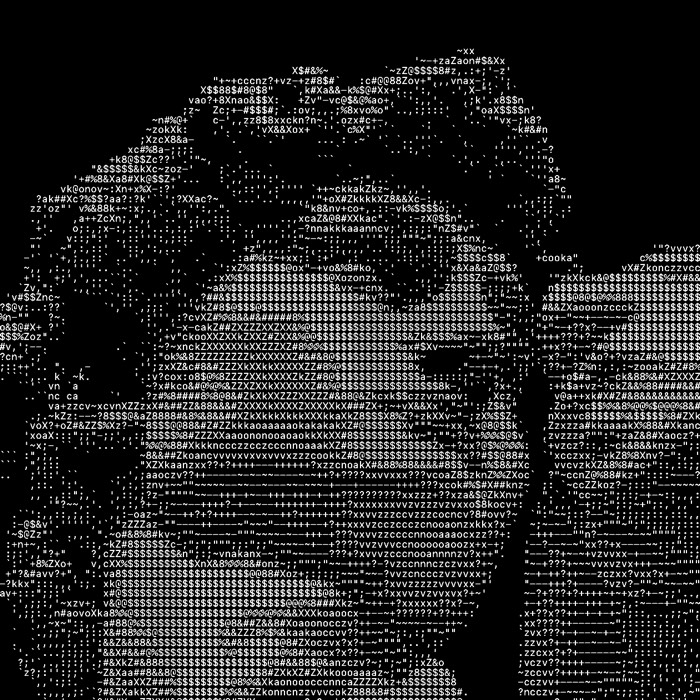 ASCII iOS Camera output. A portrait in the halftone dot ramp, tone carried by dot size rather than by letterforms.