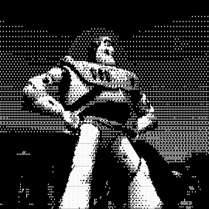 ASCII iOS Camera output. A standing figure in high-contrast glyphs, the background dissolving into sparse punctuation.