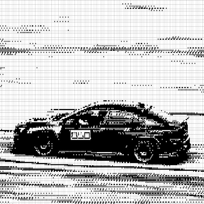 ASCII iOS Camera output. A parked car in the line-stroke style, panel edges picked out as continuous strokes.