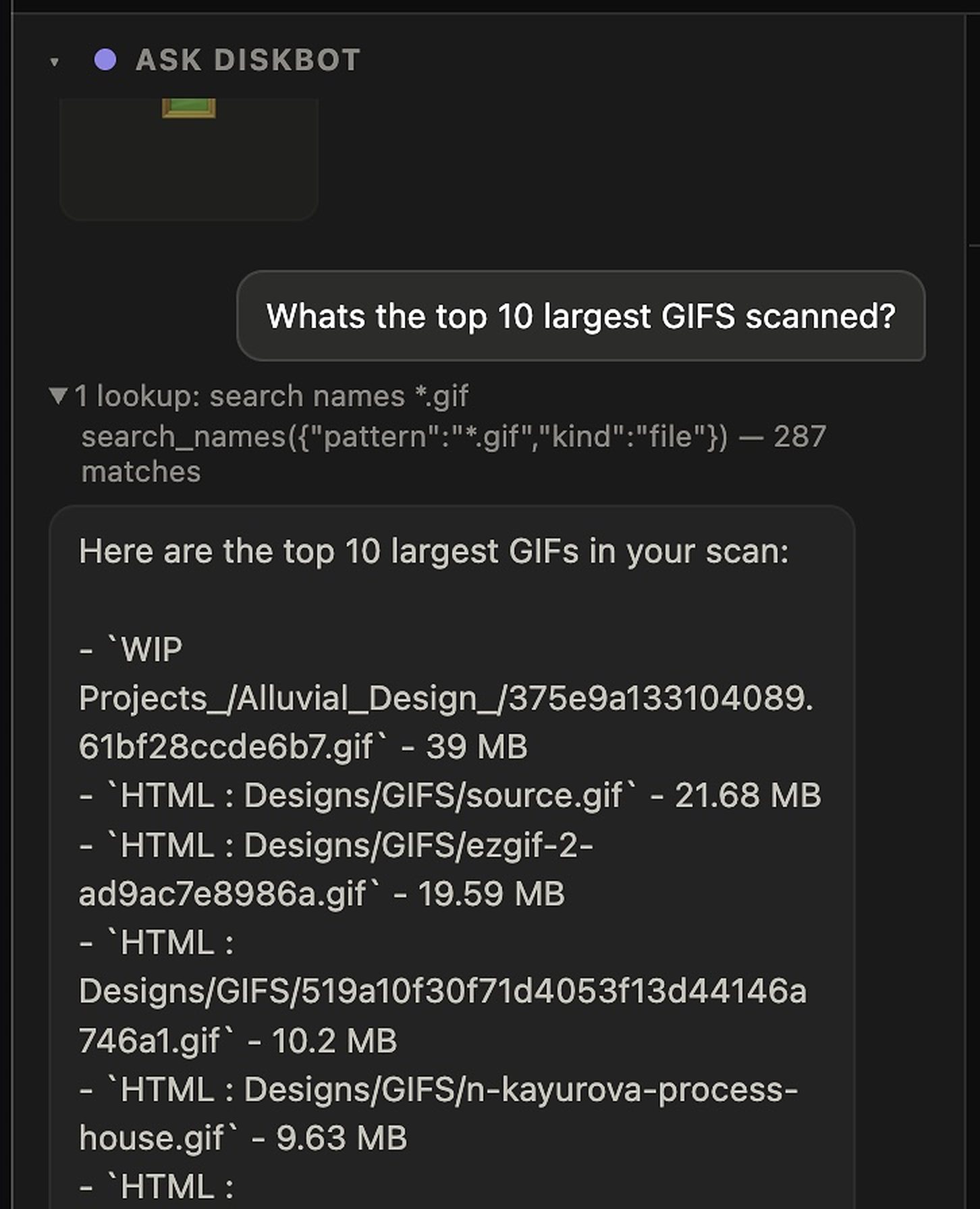 The question in the Diskbot panel: whats the top 10 largest GIFs scanned. Beneath it the disclosed lookup, a name search for star dot gif with 287 matches, and the model's text answer listing paths and sizes.