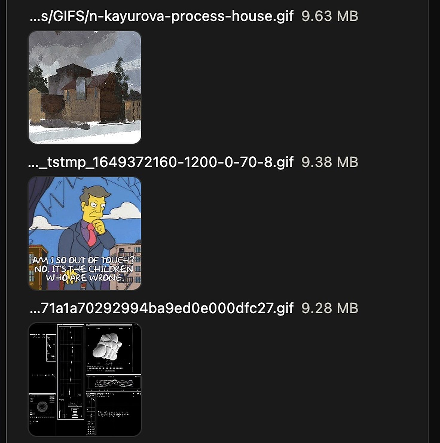 The result list continued: each of the largest GIFs as a row with a preview thumbnail, the file path and its size in megabytes.