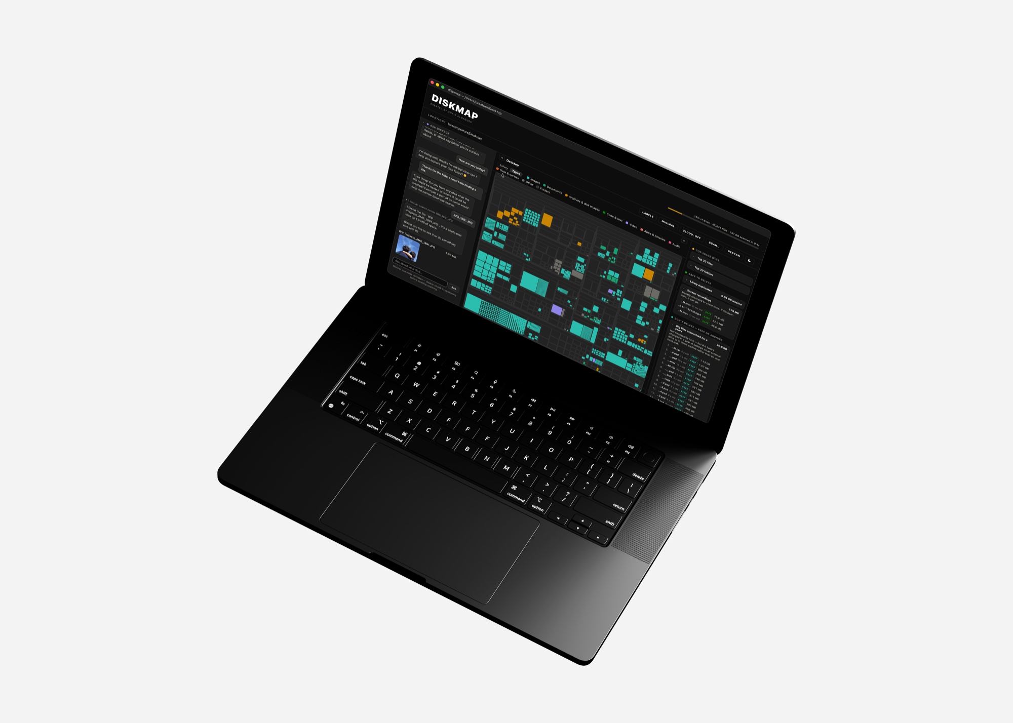 Disk Map open on a laptop, angled against a pale ground: the Diskbot conversation down the left, every file on the drive drawn in the middle as a rectangle sized by the space it takes, and the safe-to-delete rail on the right.