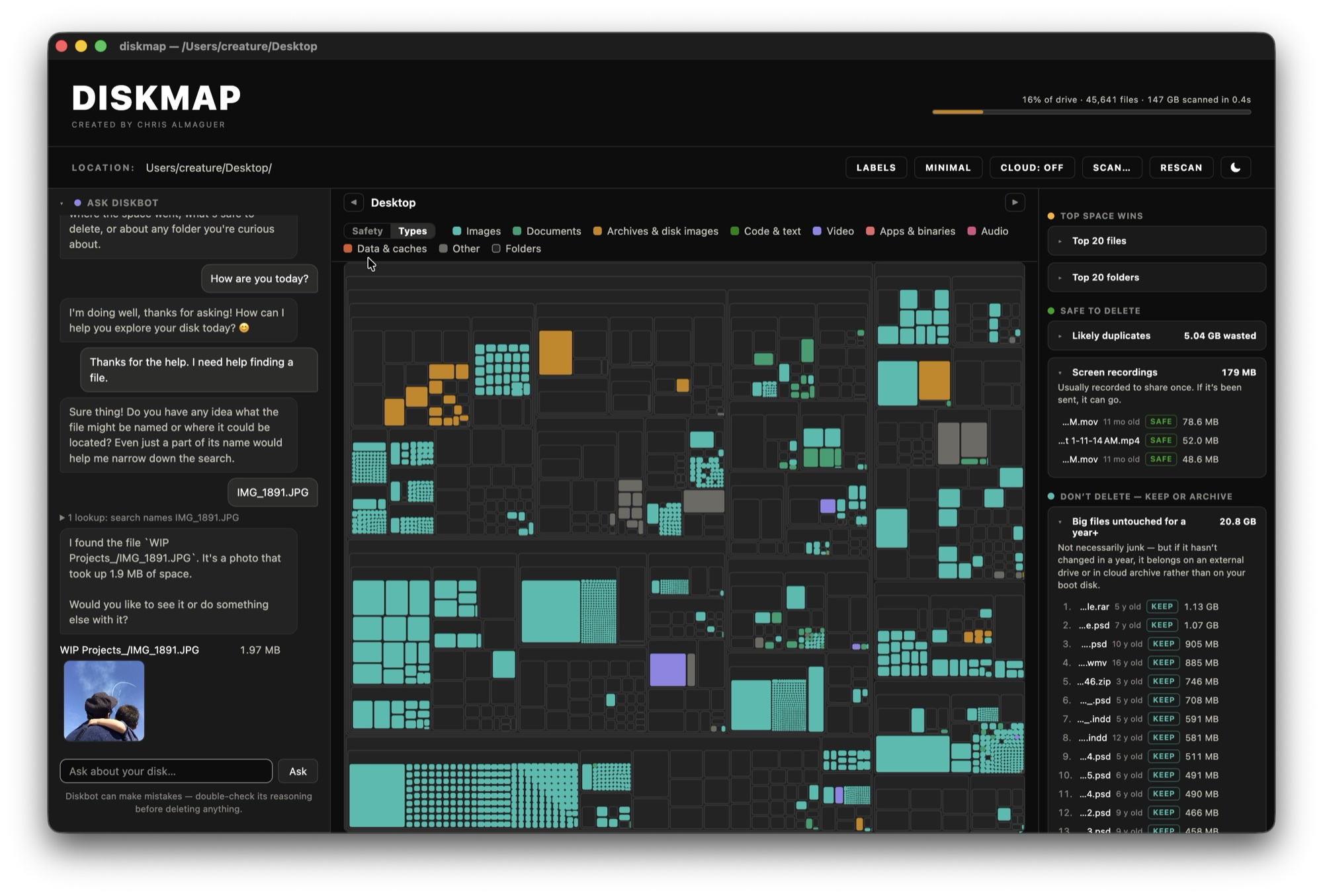 Disk Map. The Diskbot panel answering a question about locating a file, beside the treemap of the whole drive.