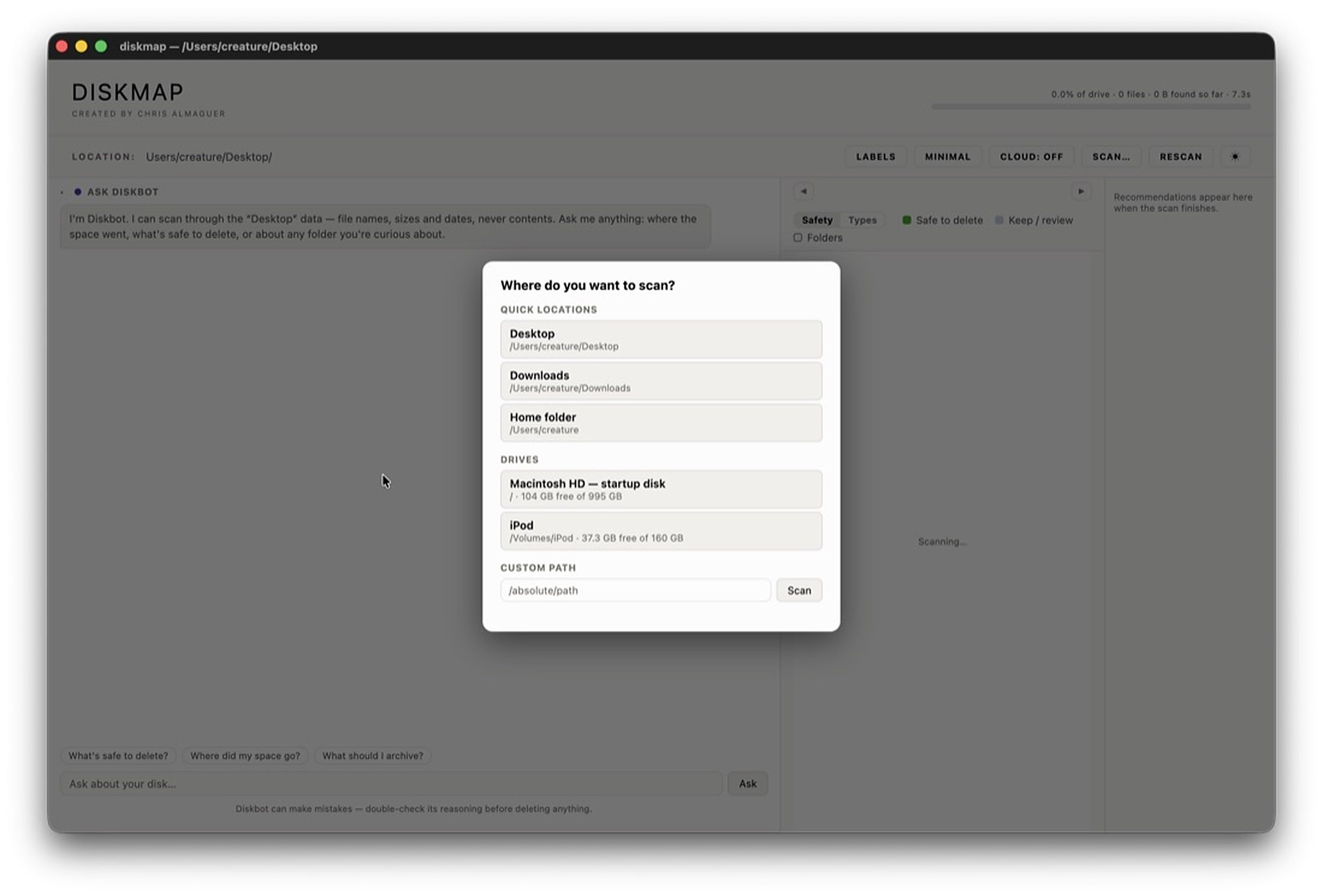 Disk Map. The light theme with the scan-location dialog open, choosing which volume or folder to read.