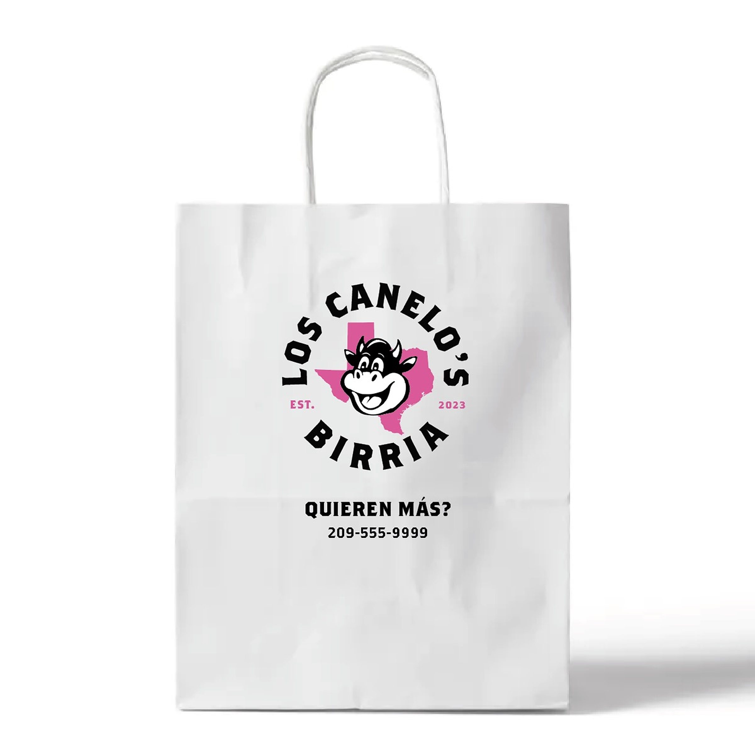 The same bag carrying the cartoon cow version of the mark, printed larger.