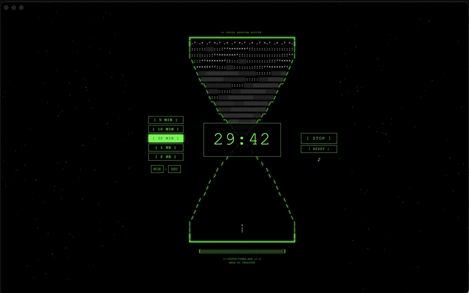 FOCUS running a thirty minute session. The upper bulb of the hourglass is full of dithered ASCII sand, 29:42 reads across the middle, and the status line says FOCUS SESSION ACTIVE.