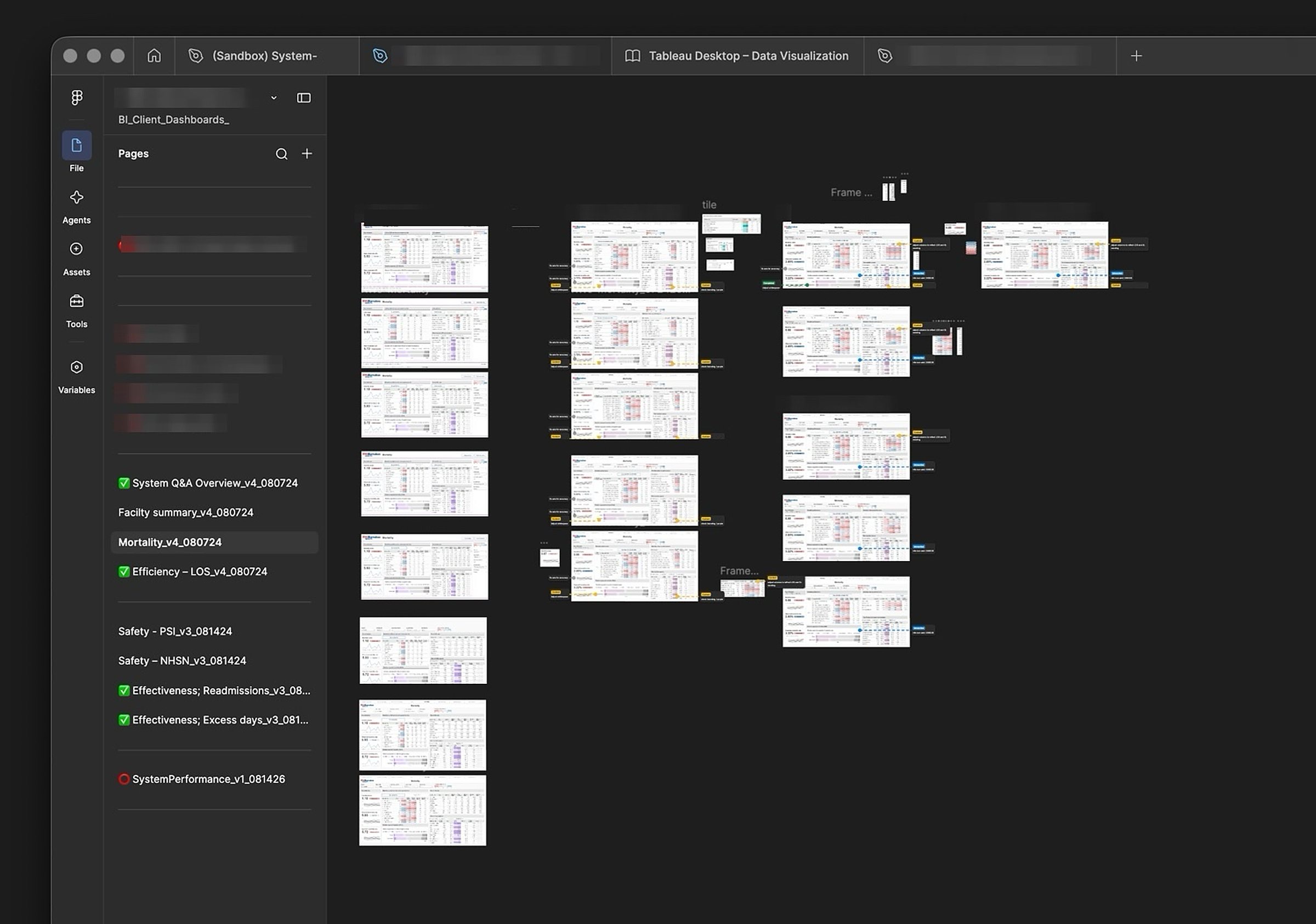 A Figma canvas holding many dated versions of the same mortality dashboard, laid out in columns by revision round, with the file list of client pages down the left.