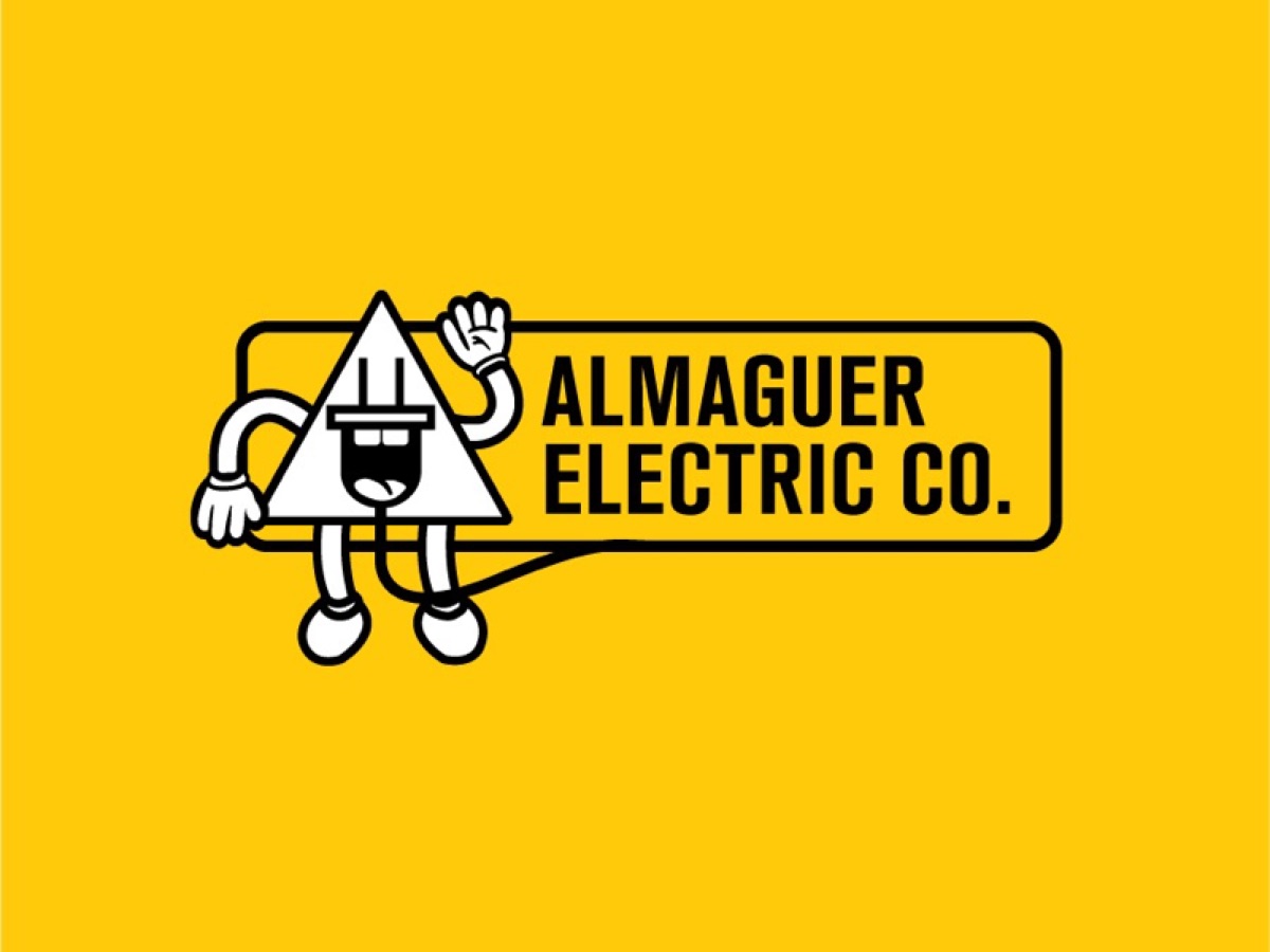 Almaguer Electric Co.: a plug-headed character in a hard hat waving beside the wordmark, drawn in black line on yellow.