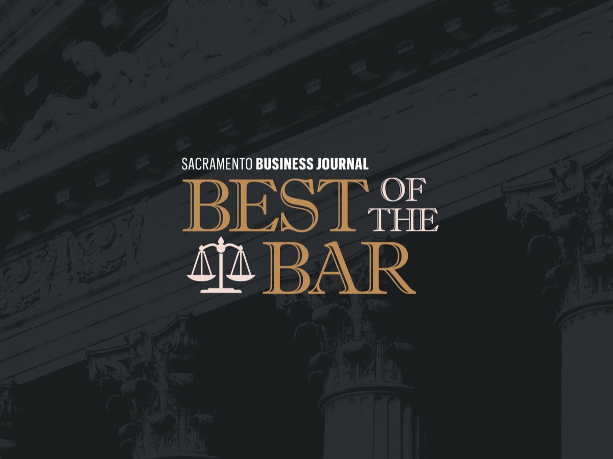 Best of the Bar, an awards identity for the Sacramento Business Journal: gold and white type over a courthouse colonnade, with scales of justice set into the lockup.