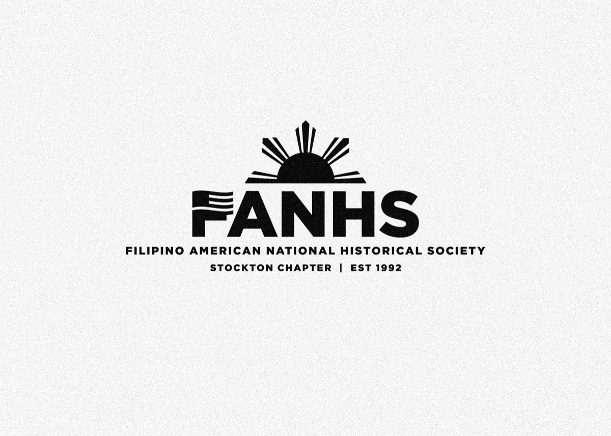 FANHS, the Filipino American National Historical Society Stockton chapter mark: a rising sun with rays behind the letterforms, the F drawn as three stripes.