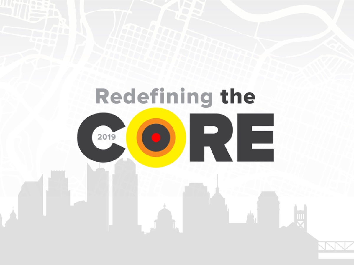 Redefining the Core, an event identity: the O of CORE drawn as a concentric target in yellow and red over a grey Sacramento skyline and street grid.