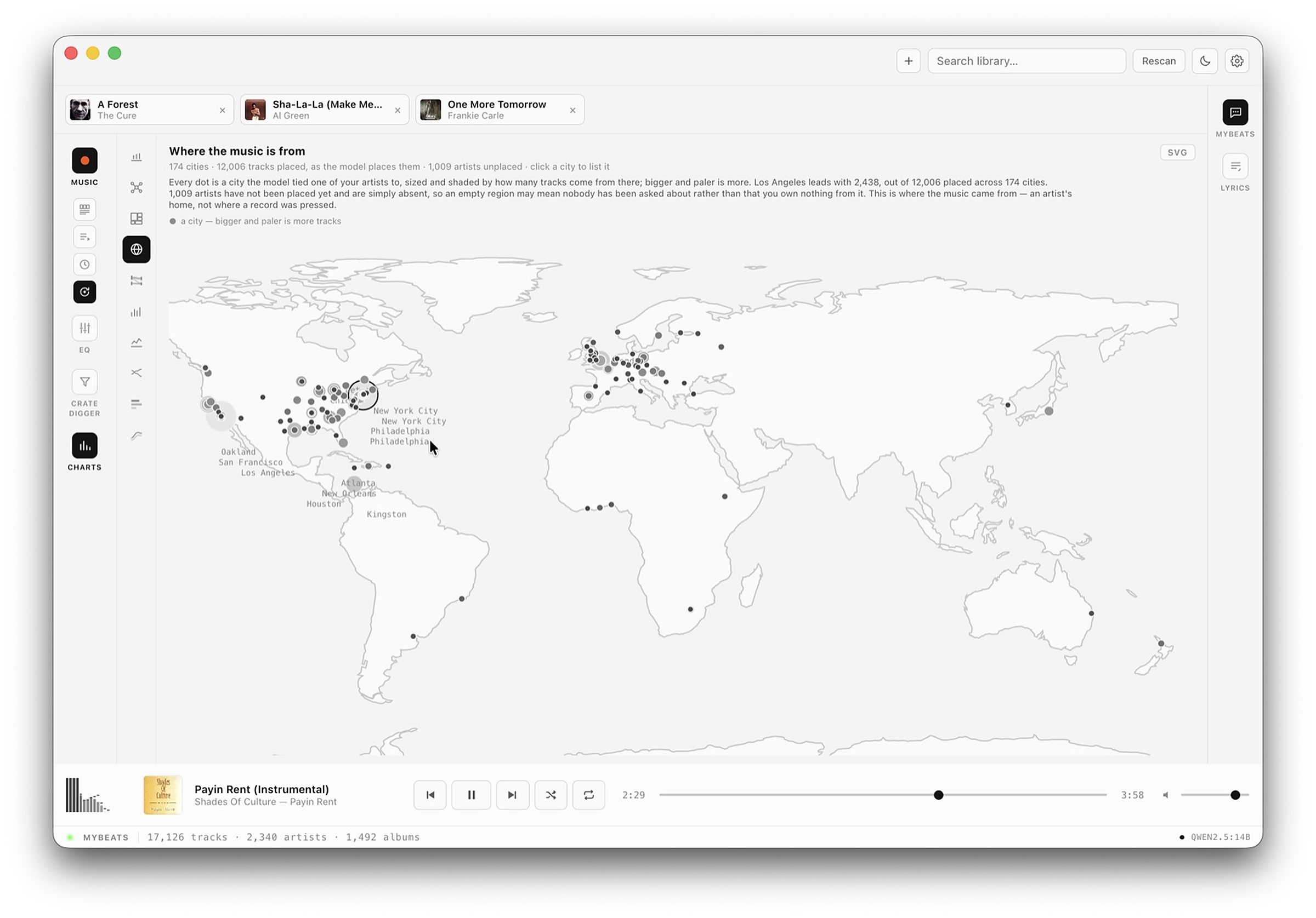 The origins map: 174 cities as dots sized by track count, Los Angeles largest.