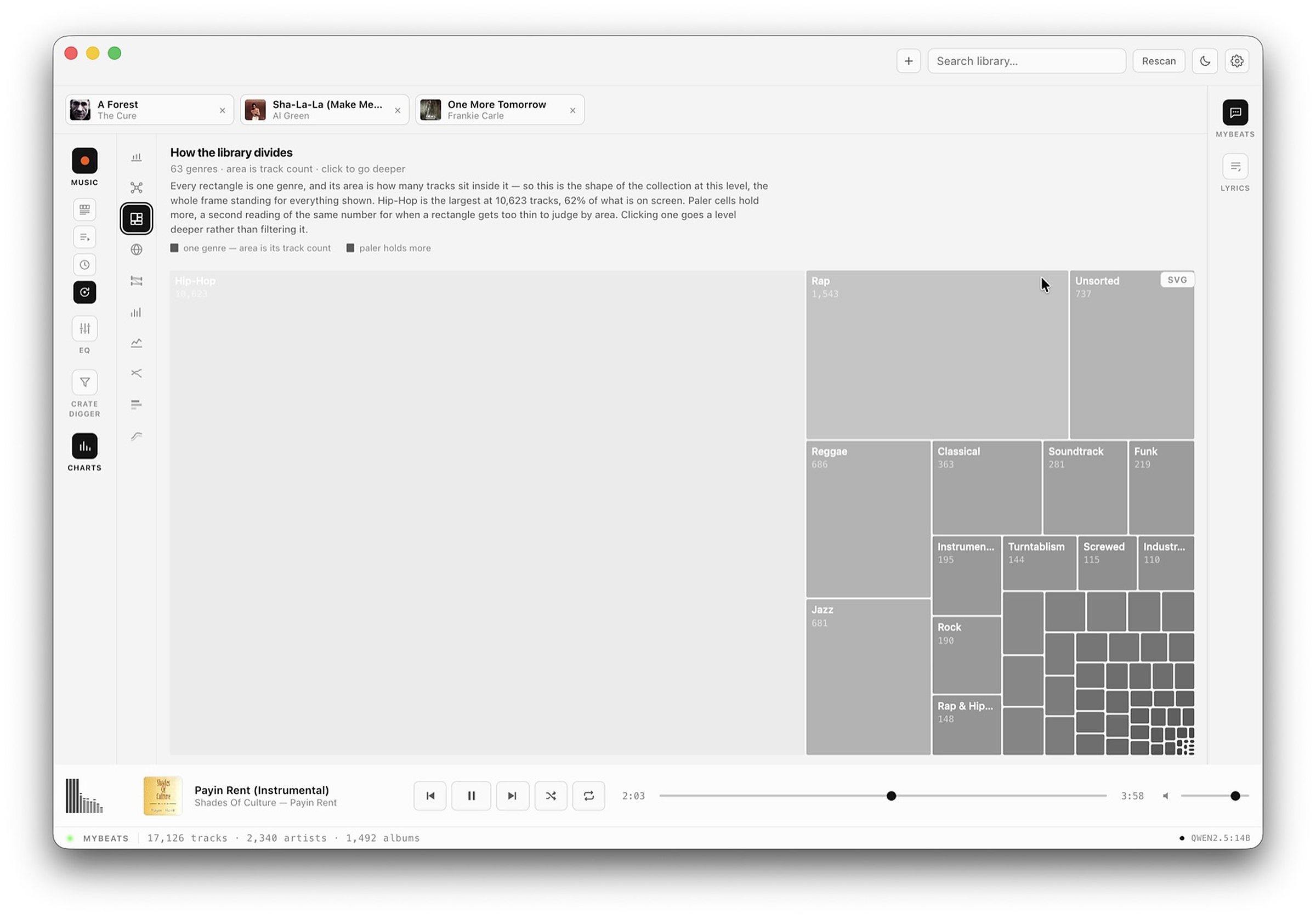 The genre treemap: 63 rectangles, each genre sized by its track count.