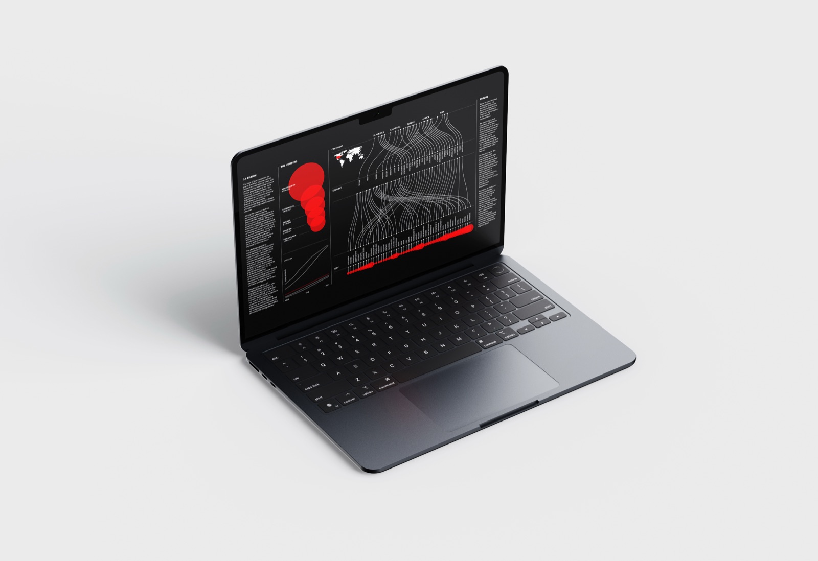 A dark laptop on a pale ground, the 7.9 billion broadsheet filling its screen: the red nested circles at left, the alluvial threads across the centre.